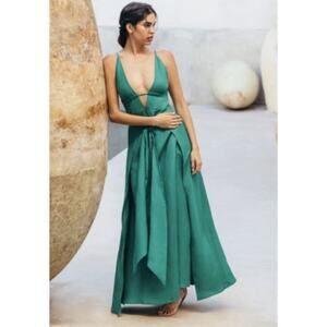 Cult Gaia Margot Plunging Linen Maxi Dress - S Pool